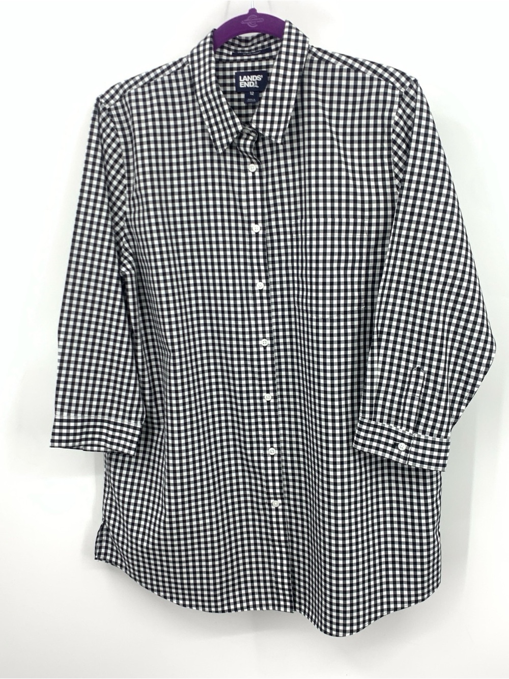 Lands End Women Size 12 Shirt Black White Checkered Top Button Tunic No Iron 3/4